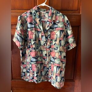 Vintage STUNT 100% Silk Shirt – Abstract Geometric Button-Up 80s 90s (Approx M)